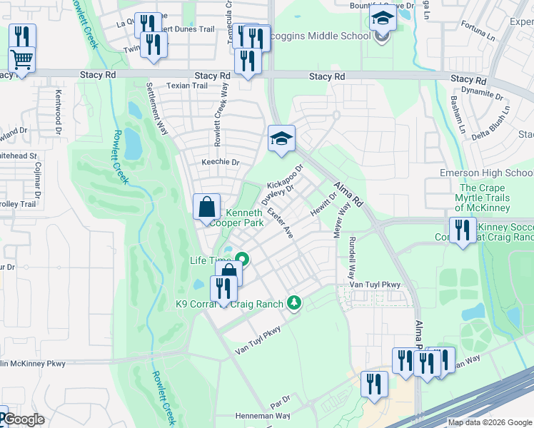 map of restaurants, bars, coffee shops, grocery stores, and more near 5913 Exeter Avenue in McKinney