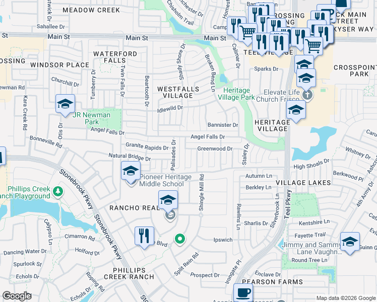 map of restaurants, bars, coffee shops, grocery stores, and more near 2126 Greenwood Drive in Frisco