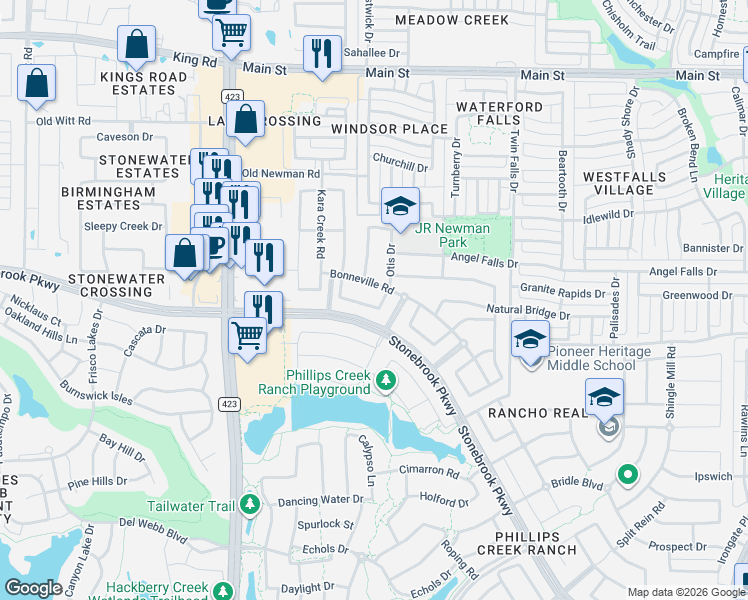 map of restaurants, bars, coffee shops, grocery stores, and more near 827 Bonneville Road in Frisco