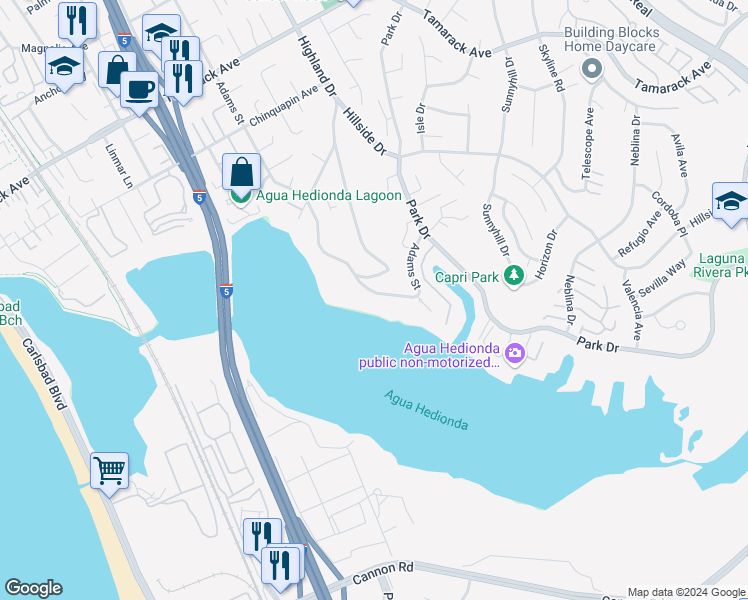 map of restaurants, bars, coffee shops, grocery stores, and more near 4465 Adams Street in Carlsbad