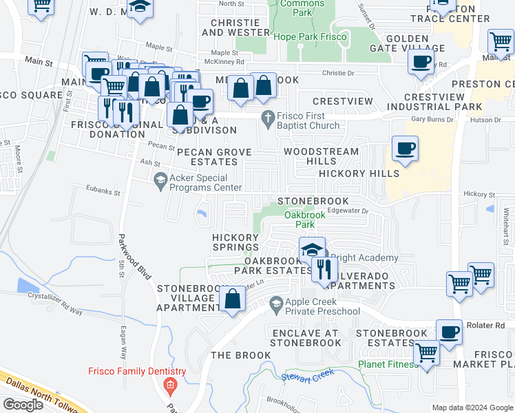 map of restaurants, bars, coffee shops, grocery stores, and more near 8435 Creekside Circle in Frisco
