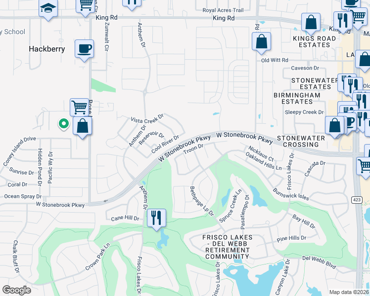map of restaurants, bars, coffee shops, grocery stores, and more near 1562 Troon Drive in Frisco