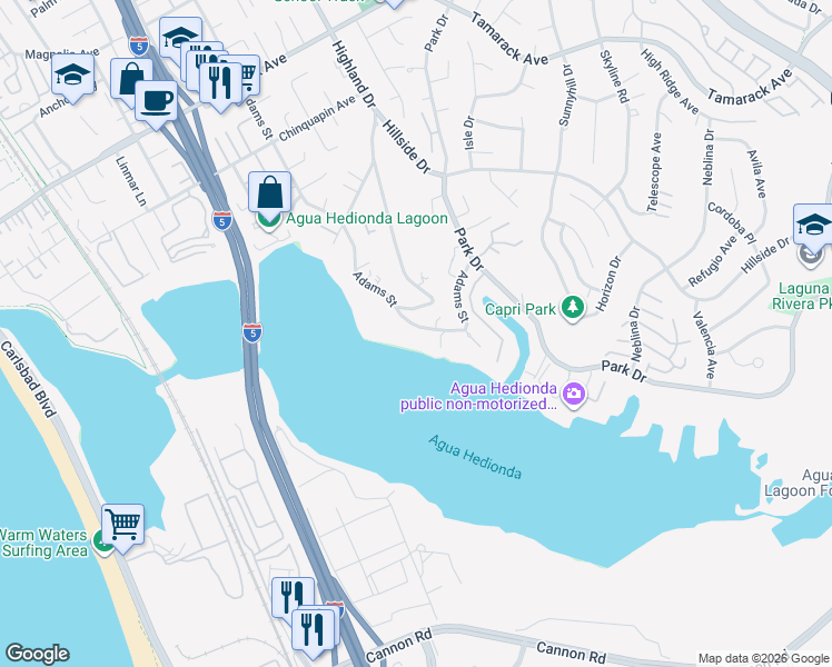 map of restaurants, bars, coffee shops, grocery stores, and more near 4465 Adams Street in Carlsbad