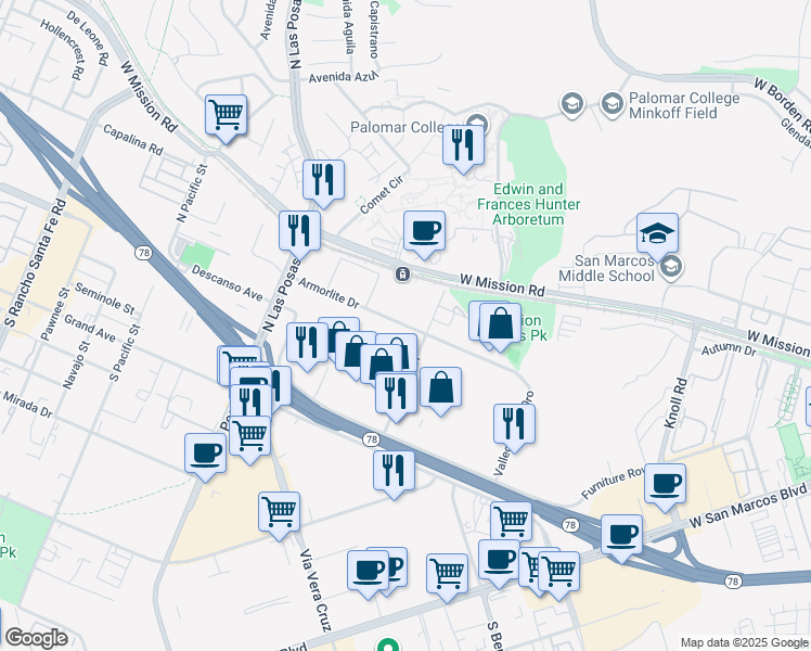 map of restaurants, bars, coffee shops, grocery stores, and more near 1251 Armorlite Drive in San Marcos