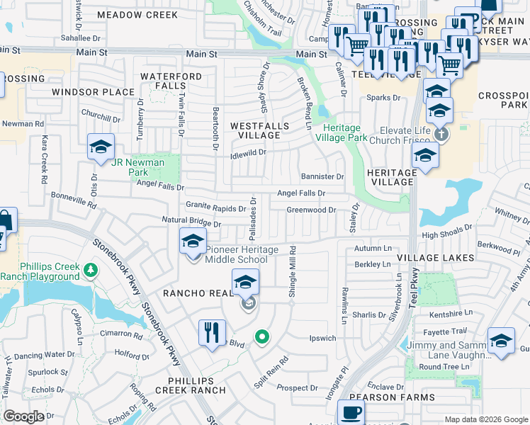 map of restaurants, bars, coffee shops, grocery stores, and more near 2126 Greenwood Drive in Frisco