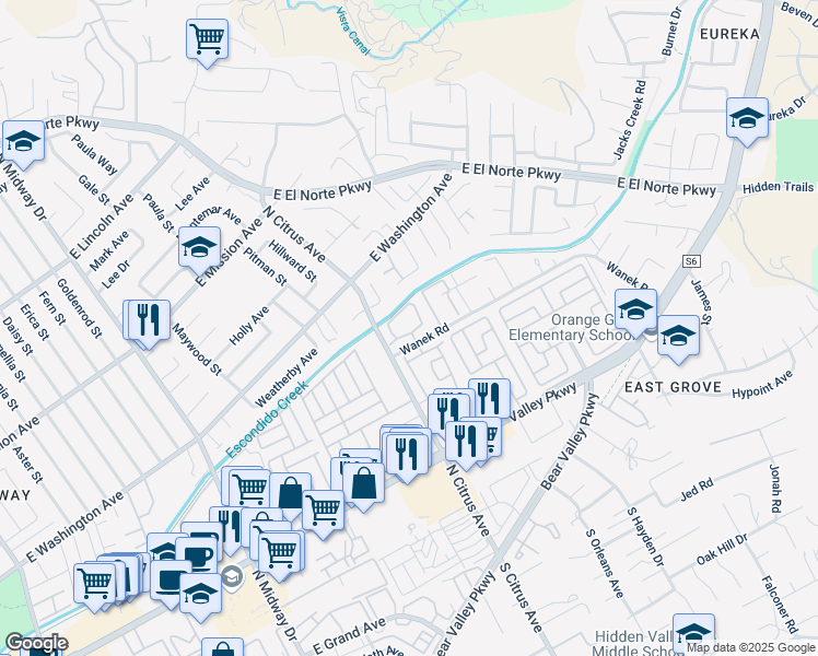 map of restaurants, bars, coffee shops, grocery stores, and more near 2402 Turnbridge Glen in Escondido