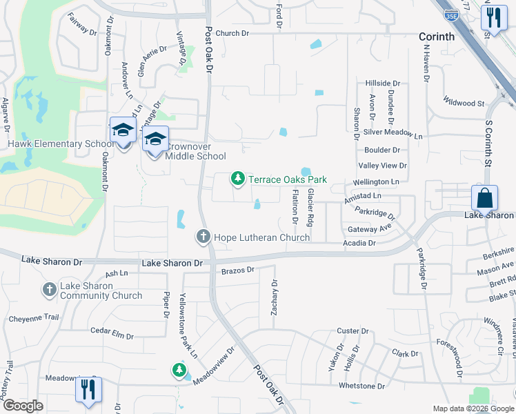 map of restaurants, bars, coffee shops, grocery stores, and more near 2205 Stanhill Drive in Denton