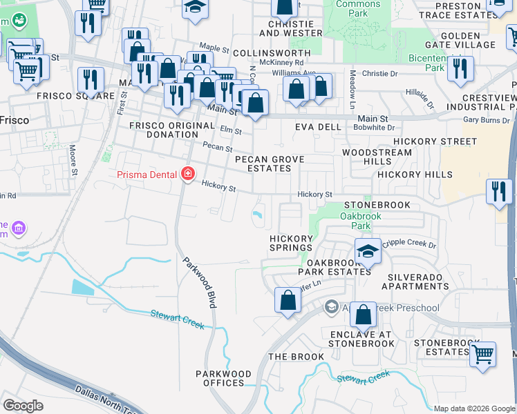 map of restaurants, bars, coffee shops, grocery stores, and more near 7429 Fawnbrook Lane in Frisco