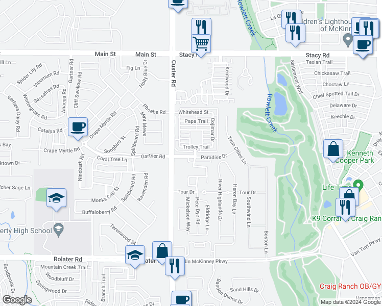 map of restaurants, bars, coffee shops, grocery stores, and more near 8812 Paradise Drive in McKinney