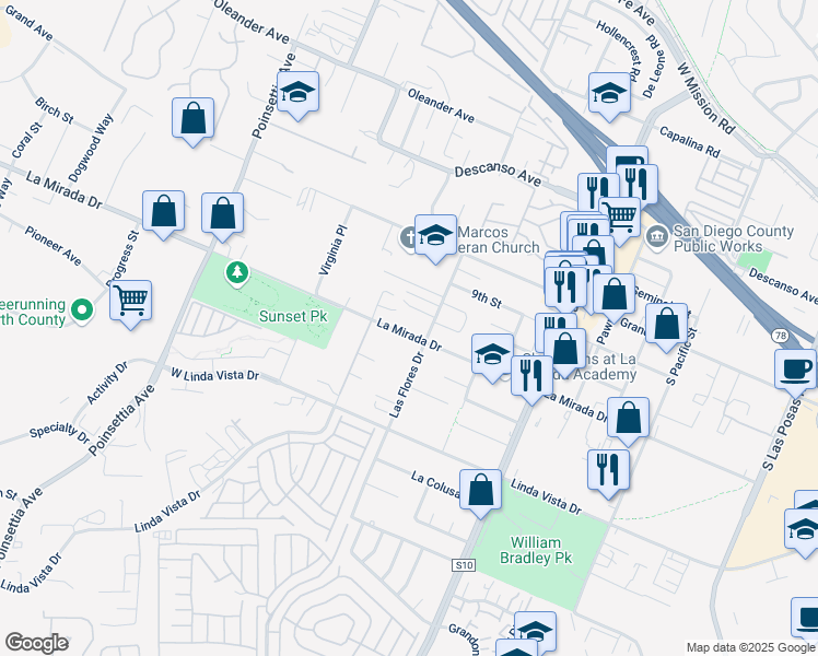 map of restaurants, bars, coffee shops, grocery stores, and more near 3542 La Mirada Drive in San Marcos