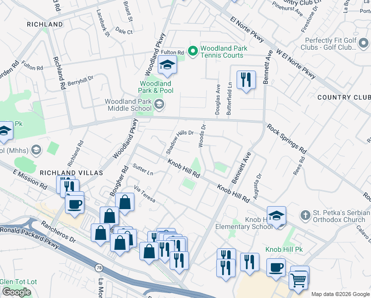 map of restaurants, bars, coffee shops, grocery stores, and more near 1318 Shadow Hills Court in San Marcos