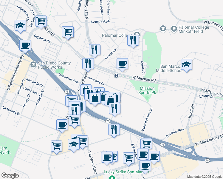 map of restaurants, bars, coffee shops, grocery stores, and more near 113 Armorlite Drive in San Marcos