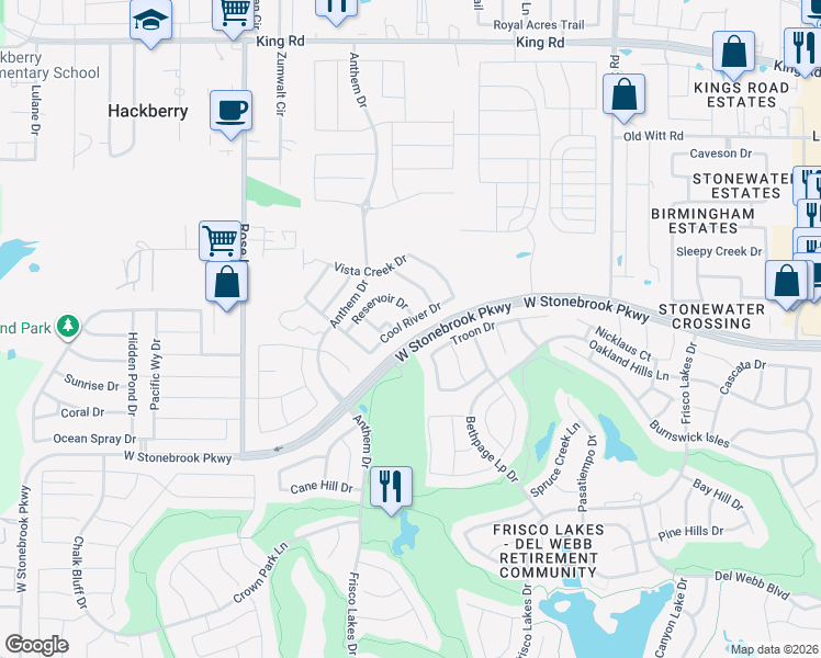map of restaurants, bars, coffee shops, grocery stores, and more near 7992 Cool River Drive in Frisco