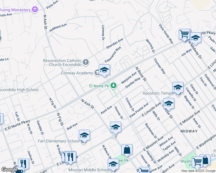 map of restaurants, bars, coffee shops, grocery stores, and more near 1340 Siggson Avenue in Escondido
