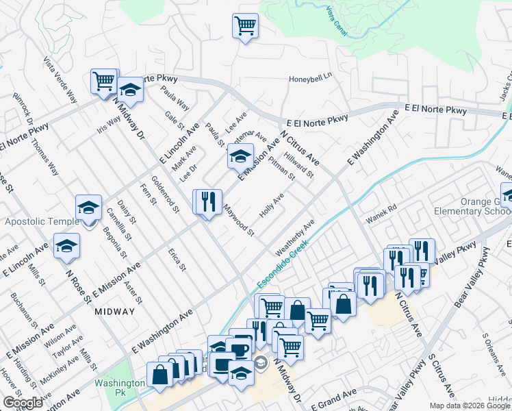 map of restaurants, bars, coffee shops, grocery stores, and more near 2201 East Mission Avenue in Escondido