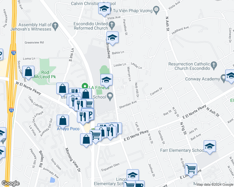 map of restaurants, bars, coffee shops, grocery stores, and more near in Escondido
