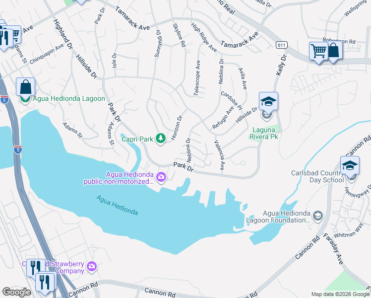 map of restaurants, bars, coffee shops, grocery stores, and more near 4760-4798 Argosy Lane in Carlsbad