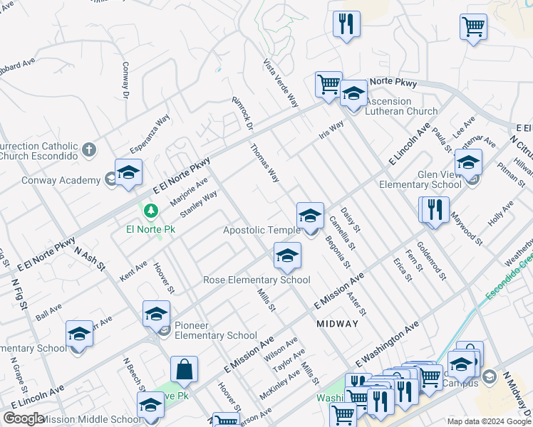 map of restaurants, bars, coffee shops, grocery stores, and more near 1055 Via Lomita in Escondido