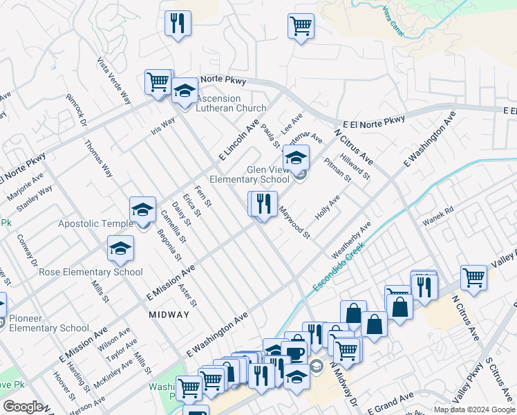 map of restaurants, bars, coffee shops, grocery stores, and more near 2012 East Mission Avenue in Escondido