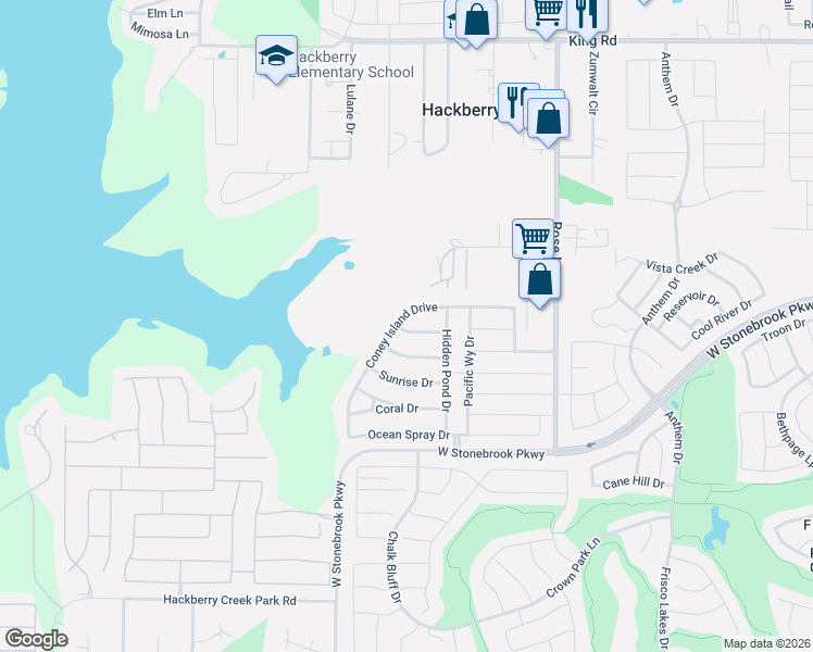 map of restaurants, bars, coffee shops, grocery stores, and more near 4605 Coney Island Drive in Frisco