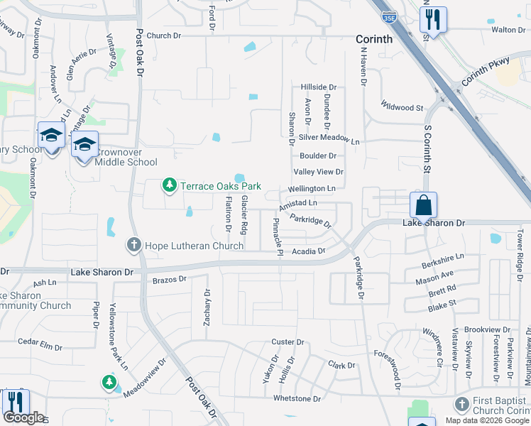 map of restaurants, bars, coffee shops, grocery stores, and more near 2250 Sharon Drive in Corinth