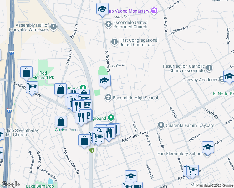 map of restaurants, bars, coffee shops, grocery stores, and more near 122 Trellis Lane in Escondido