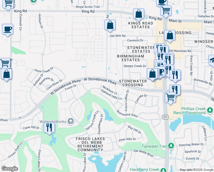 map of restaurants, bars, coffee shops, grocery stores, and more near 1064 Nicklaus Court in Frisco