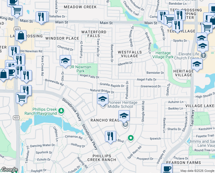 map of restaurants, bars, coffee shops, grocery stores, and more near 1641 Granite Rapids Drive in Frisco