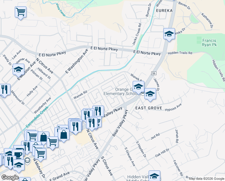 map of restaurants, bars, coffee shops, grocery stores, and more near 2700 East Valley Parkway in Escondido