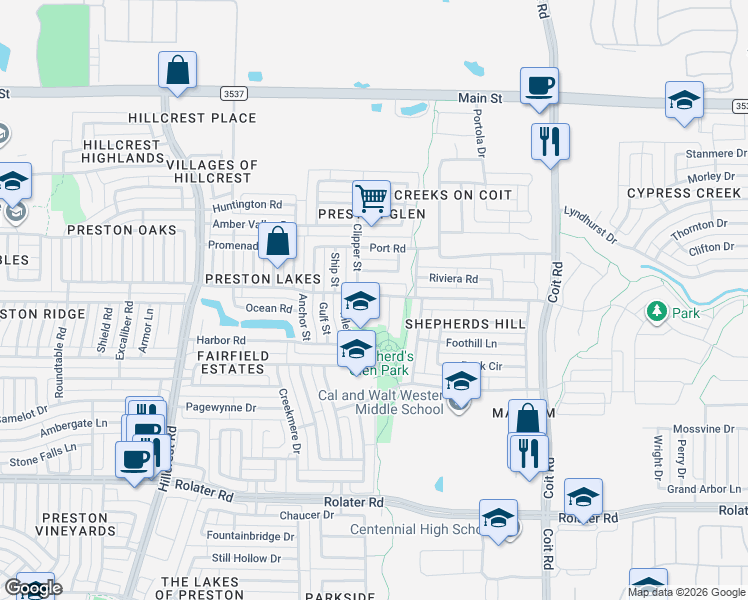 map of restaurants, bars, coffee shops, grocery stores, and more near 8004 Raft Street in Frisco