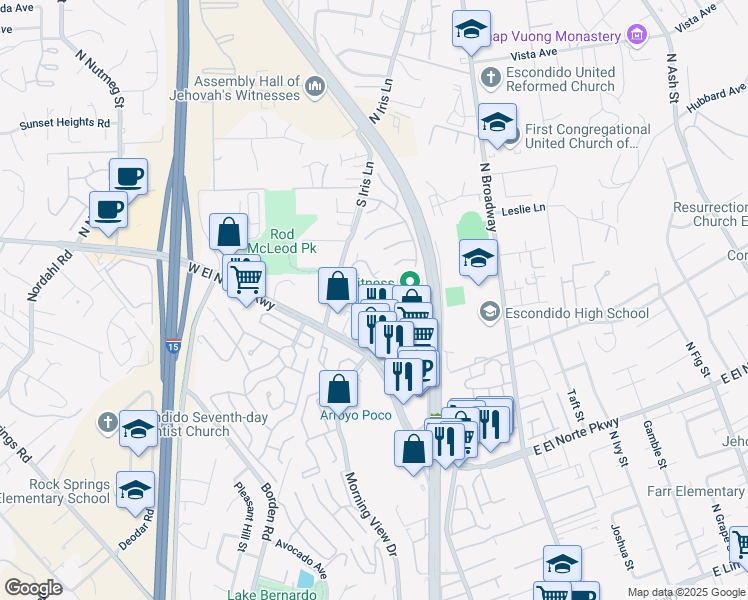 map of restaurants, bars, coffee shops, grocery stores, and more near 1673 Forest Glen in Escondido