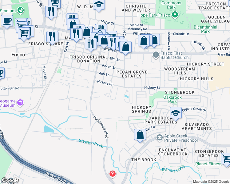 map of restaurants, bars, coffee shops, grocery stores, and more near 7275 Hickory Street in Frisco