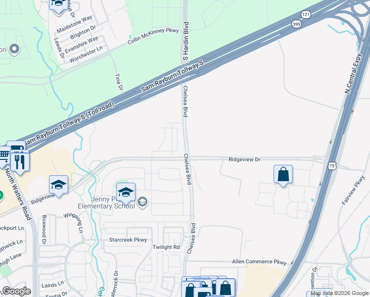 map of restaurants, bars, coffee shops, grocery stores, and more near 2521 Chelsea Boulevard in Allen