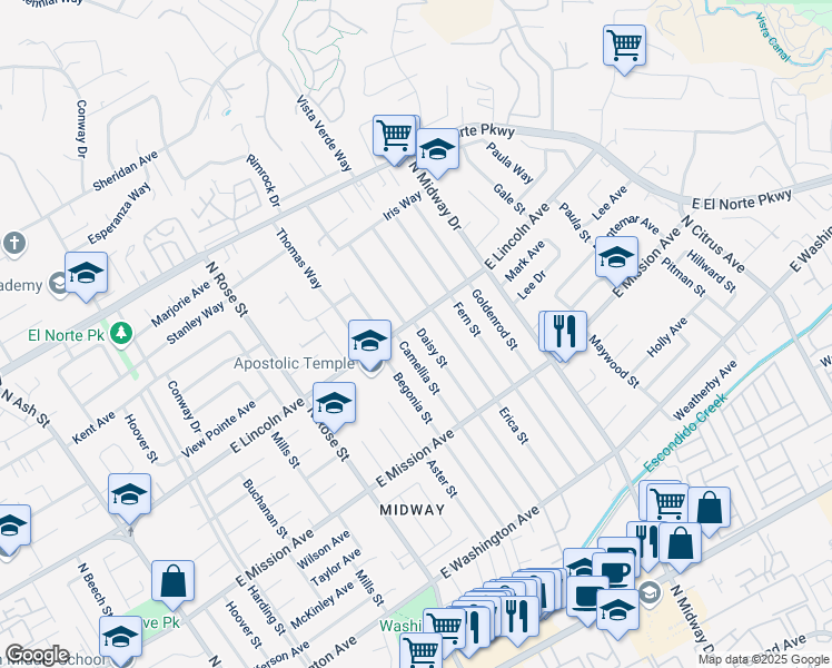 map of restaurants, bars, coffee shops, grocery stores, and more near 943 Daisy Street in Escondido