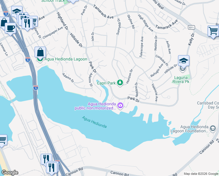map of restaurants, bars, coffee shops, grocery stores, and more near 4653 Park Drive in Carlsbad