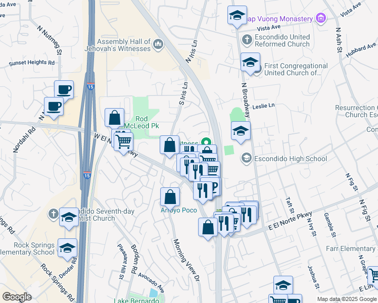 map of restaurants, bars, coffee shops, grocery stores, and more near 1677 Forest Glen in Escondido