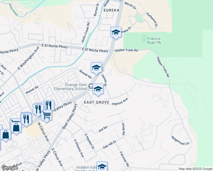 map of restaurants, bars, coffee shops, grocery stores, and more near 2861 East Valley Parkway in Escondido