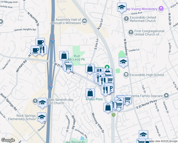 map of restaurants, bars, coffee shops, grocery stores, and more near 1620 South Iris Lane in Escondido