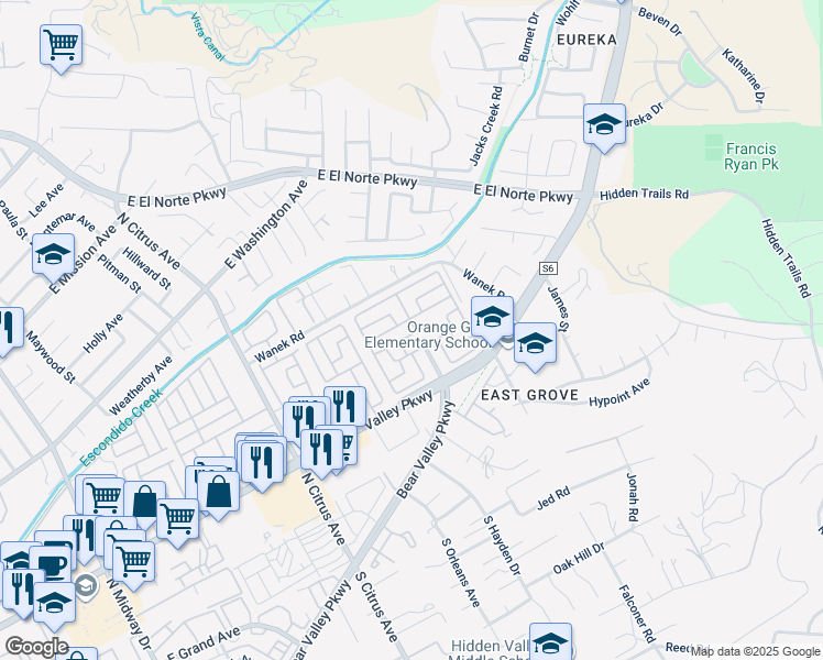 map of restaurants, bars, coffee shops, grocery stores, and more near 2700 East Valley Parkway in Escondido