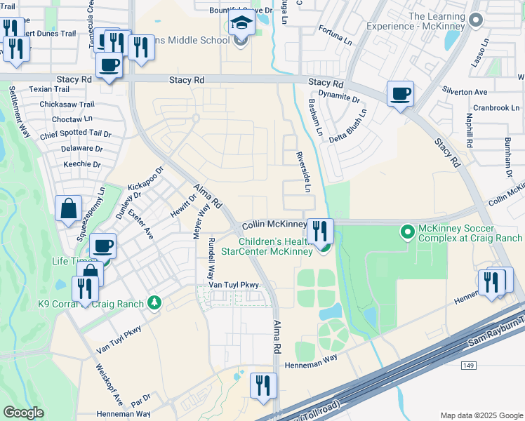 map of restaurants, bars, coffee shops, grocery stores, and more near 5813 Stonewall Drive in McKinney