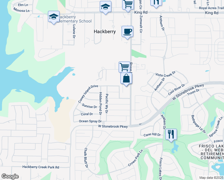 map of restaurants, bars, coffee shops, grocery stores, and more near 4217 Coney Island Drive in Frisco