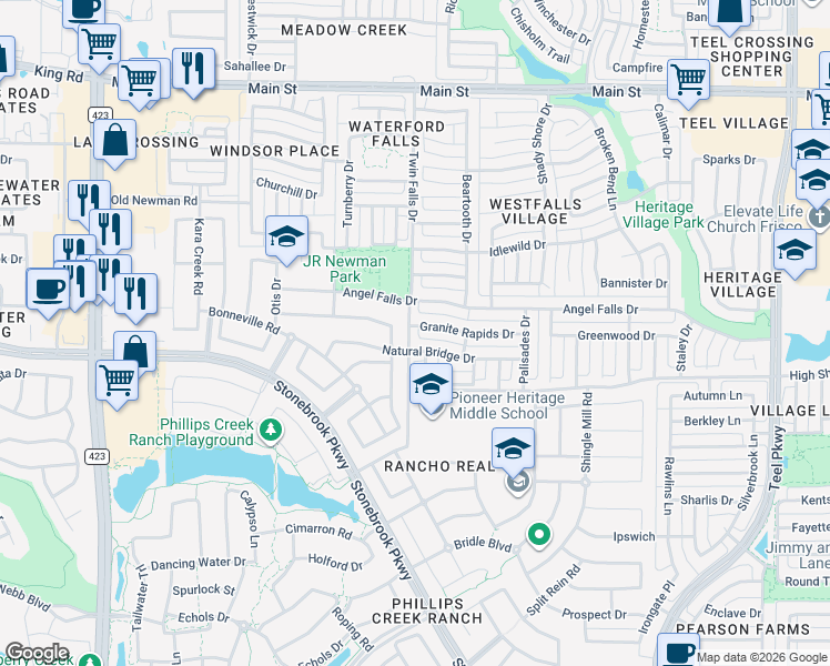 map of restaurants, bars, coffee shops, grocery stores, and more near 1551 Granite Rapids Drive in Frisco