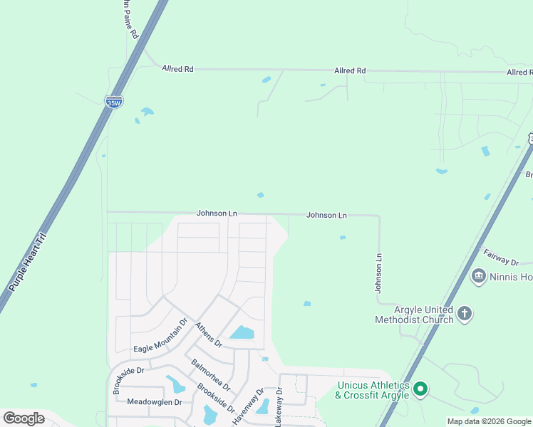 map of restaurants, bars, coffee shops, grocery stores, and more near Johnson Lane in Denton County