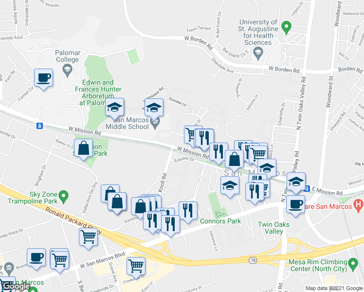 map of restaurants, bars, coffee shops, grocery stores, and more near 546 West Mission Road in San Marcos