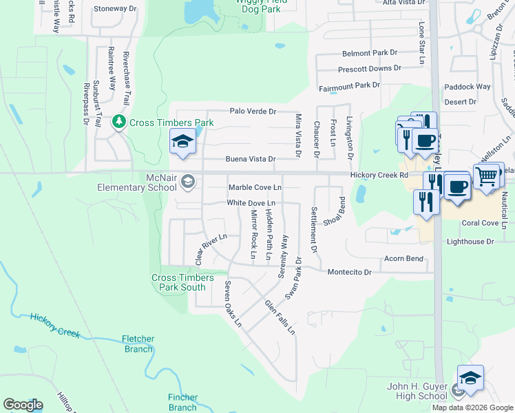 map of restaurants, bars, coffee shops, grocery stores, and more near 7701 Mirror Rock Lane in Denton