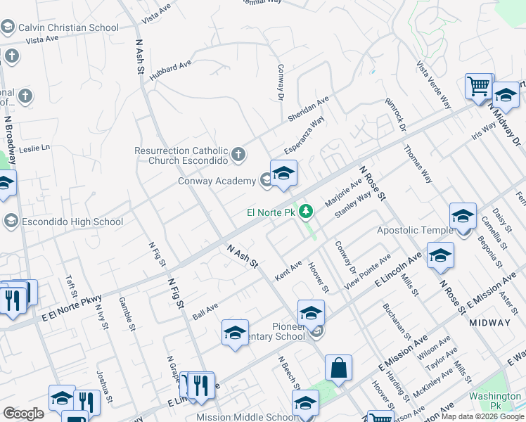 map of restaurants, bars, coffee shops, grocery stores, and more near 1325 Conway Drive in Escondido