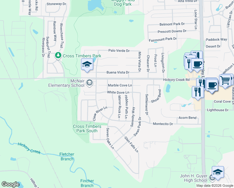 map of restaurants, bars, coffee shops, grocery stores, and more near 7700 Mirror Rock Lane in Denton