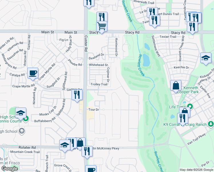 map of restaurants, bars, coffee shops, grocery stores, and more near 8609 Trolley Trail in McKinney