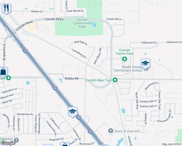 map of restaurants, bars, coffee shops, grocery stores, and more near 2116 Lea Meadow Circle in Corinth