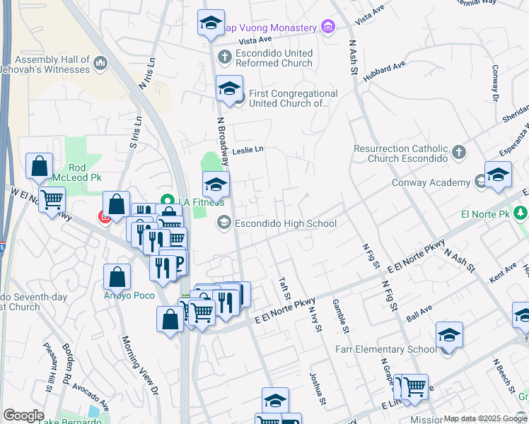 map of restaurants, bars, coffee shops, grocery stores, and more near 1558 Trellis Lane in Escondido